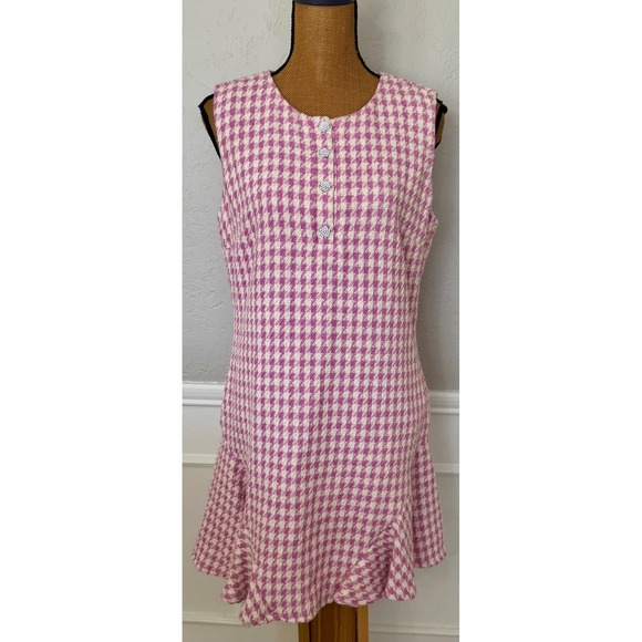 CeCe Dresses & Skirts - CeCe‎ Pink White Houndstooth Tweed Sleeveless Flounce Hem Dress Size 12